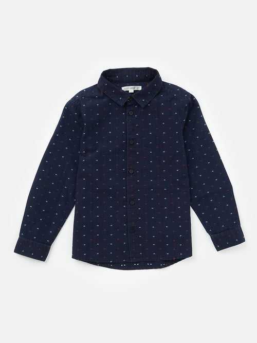 Boys Cotton Navy Printed Full Sleeves Dobby Shirt