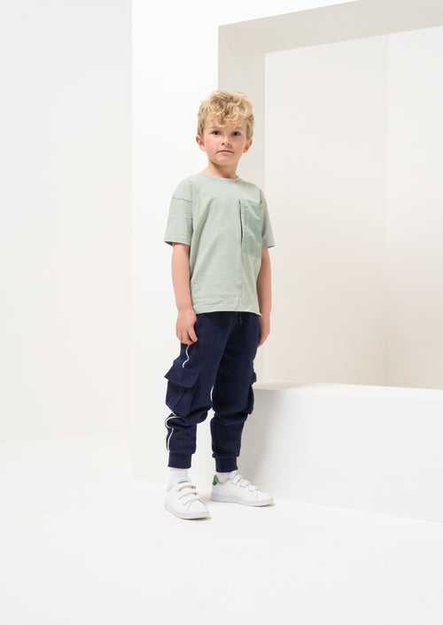 Boys Self Textured Green T-Shirt with Pocket