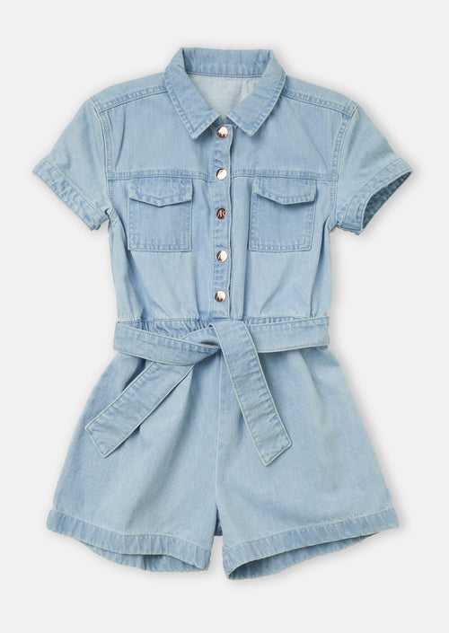 Girls Solid Blue Denim Playsuit with Pockets