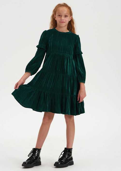 Girls Green Velvet Tiered Premium Dress