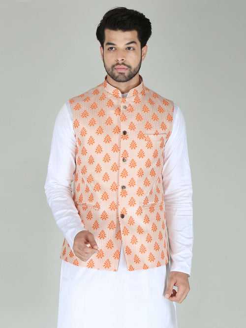 Cream Orange Jacquard Nehru Jacket