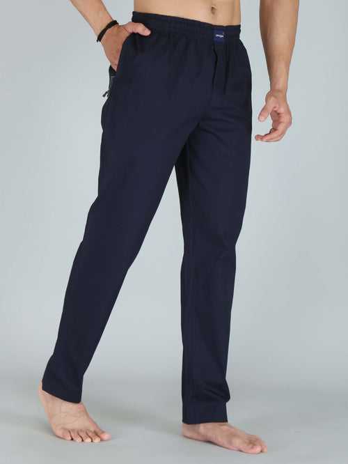 Navy Blue Solid Pure Cotton Pajamas For Men
