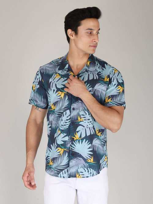 Blue Leaf Printed Pure Cotton Shirts for Men