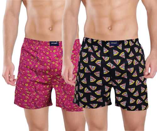 Pink Flower Black Pizza Printed Cotton Boxers for Men