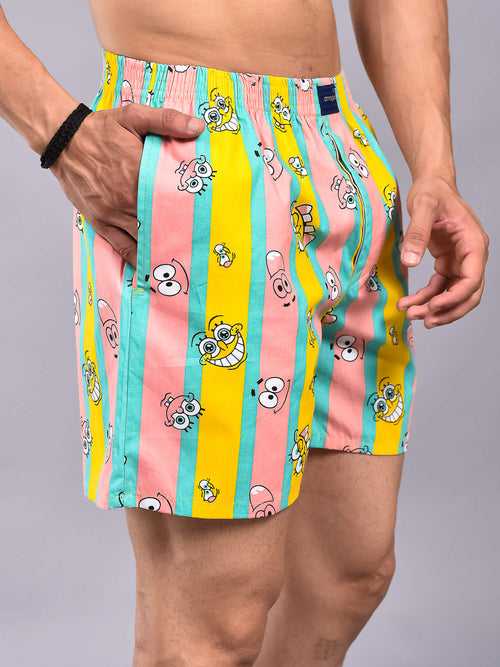 Quirky Faces Lining Printed Cotton Boxer Shorts For Men