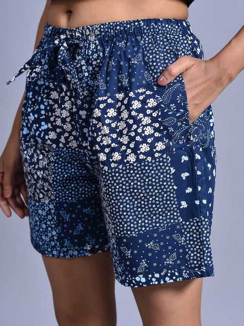 Navy Busy Flower Printed Cotton Boxers for Women
