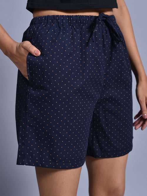 Navy Dot Printed Cotton Boxers for Women