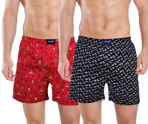 Red Christmas Black Feather Printed Cotton Boxers for Men