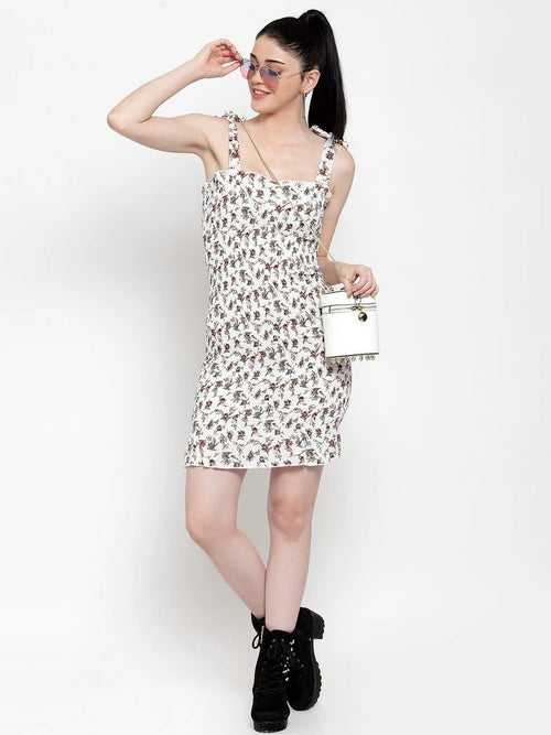 Women White Rayon Printed Dress.