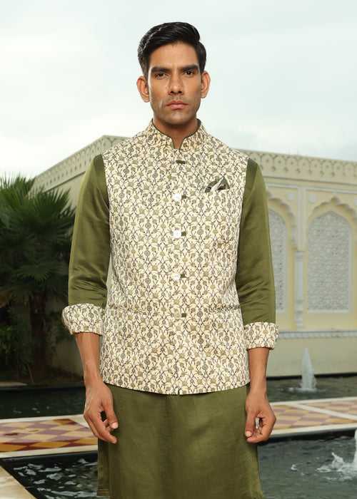 Cream Green Jaal Printed Linen Silk Half Jacket