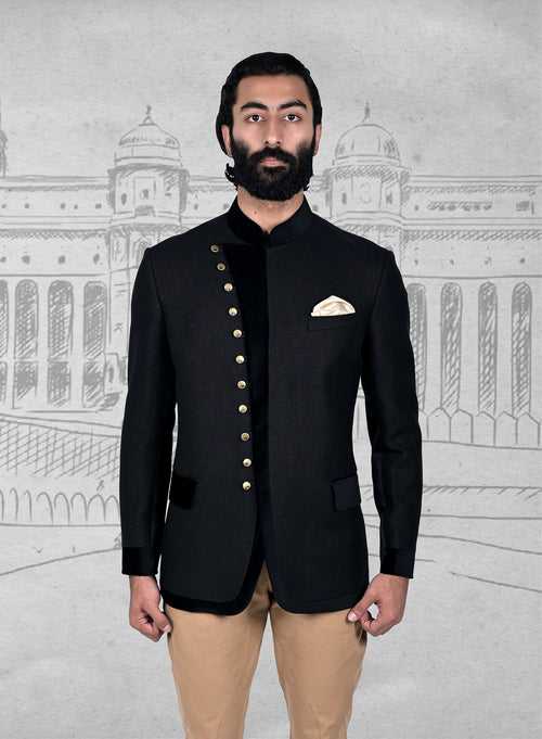 Black NF4 Linen Angrakha Jodhpuri