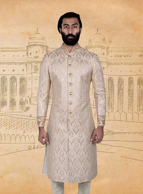 Off White Brocade Gold Sherwani