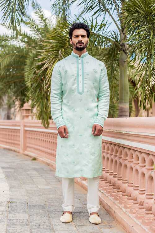 Aqua Linen Silk Embroidered Kurta