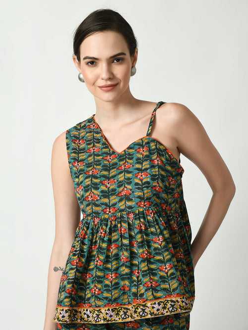 Women's Green Floral Printed Top - Myshka