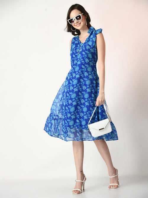 Women's Blue Fit And Flare Printed Dress - Myshka