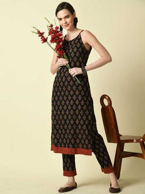 Women's Black Printed Kurta With Trouser - Myshka