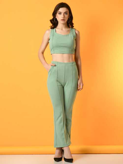 Women's Green Solid Top With  Trousers  - Myshka