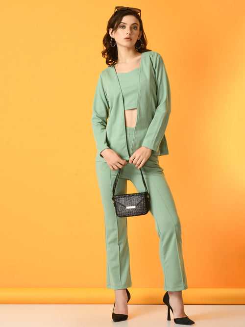 Women's Green Solid Coat With  Trousers  - Myshka