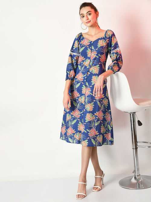 Women's Blue Printed  Dress  - Myshka