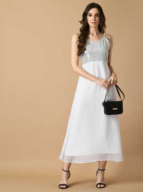Women's White Solid Georgette  Party  Dress - Myshka