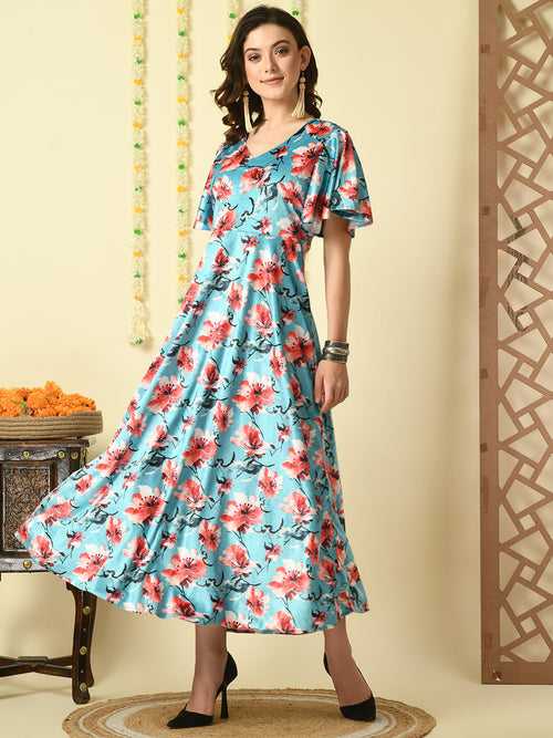 Women's Multi Printed Velvet  Party  Dress - Myshka