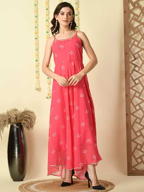 Women's Pink Printed Georgette  Party  Dress - Myshka