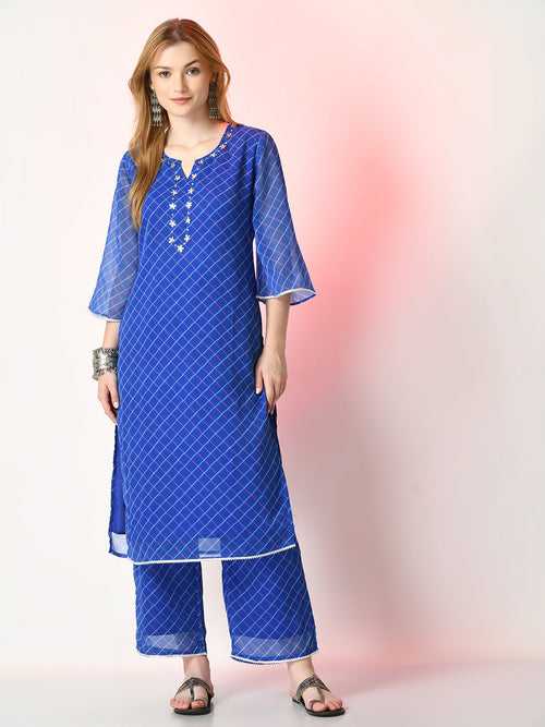 Women's Blue Printed Kurta With Palazzos - Myshka