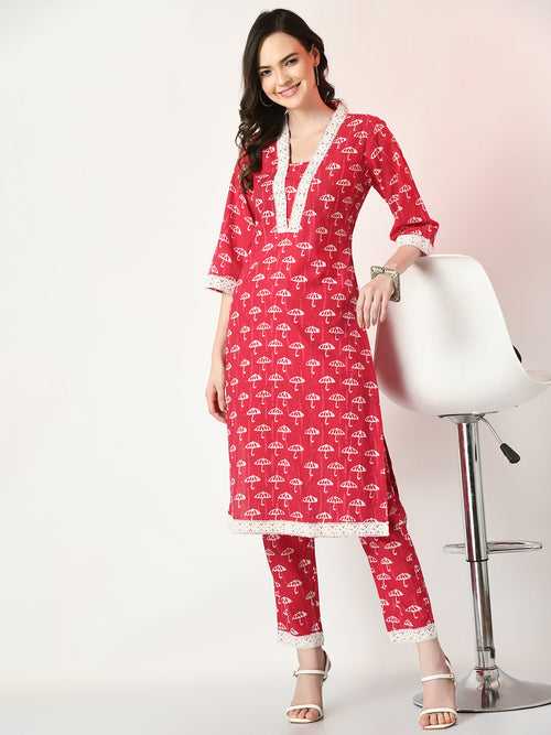 Women's Pink Printed Kurta With Trousers - Myshka