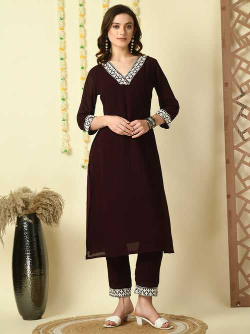 Women's Coffee Brown  Georgette Kurta With Trousers  Party Sets - Myshka