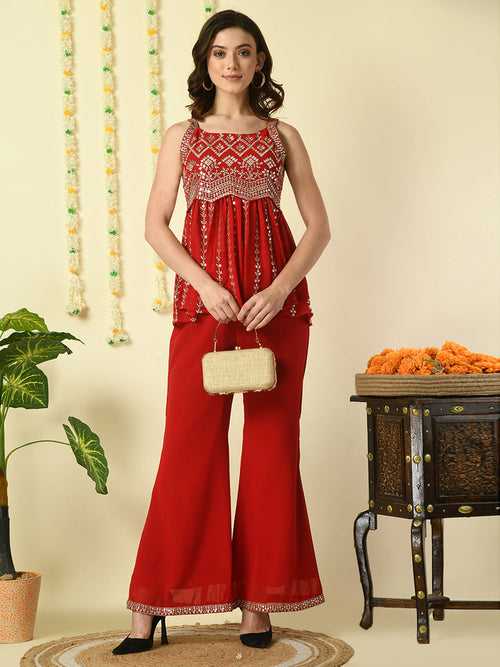 Women's Red  Georgette Top With Palazzos  Party Sets - Myshka