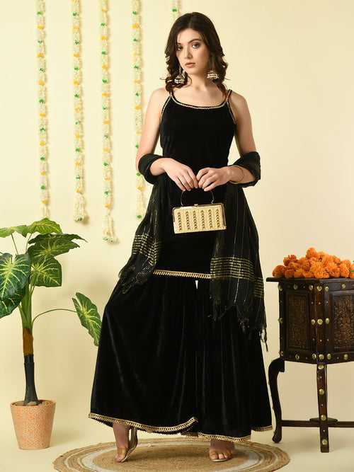 Women's Black  Velvet Kurti & Sharara With Dupatta Party Sets - Myshka