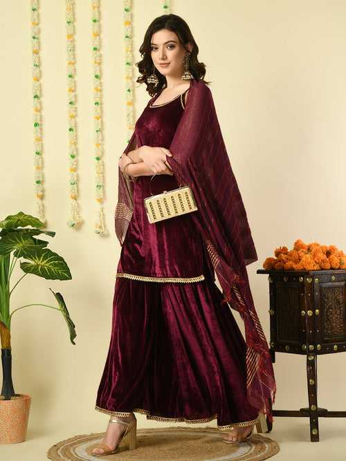 Women's Magenta  Velvet Kurti & Sharara With Dupatta Party Sets - Myshka