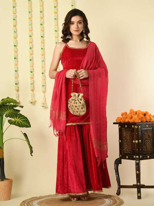 Women's Pink  Velvet Kurti & Sharara With Dupatta Party Sets - Myshka