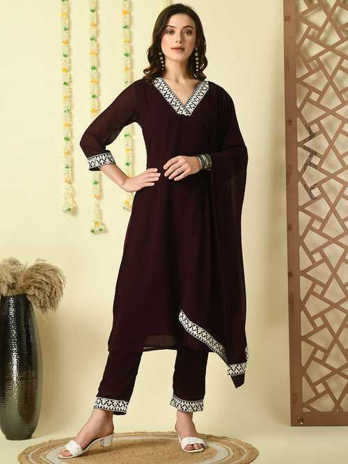 Women's Coffee Brown  Georgette Kurta & Trousers With Dupatta Party Sets - Myshka