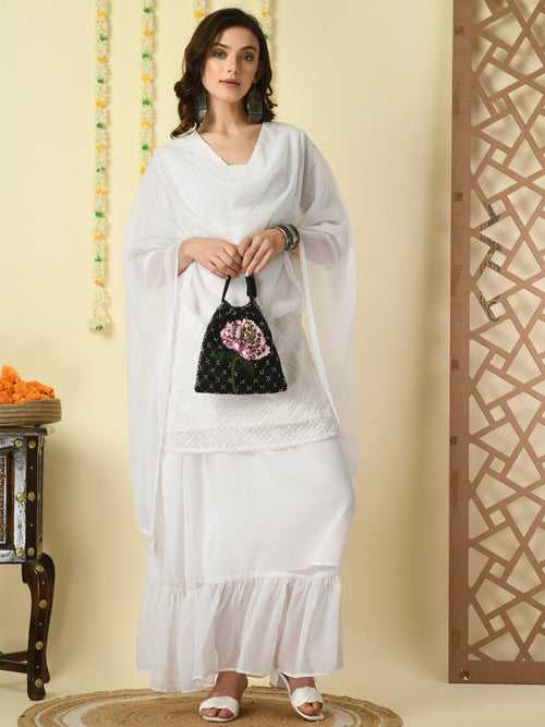 Women's White  Georgette Kurti & Skirt With Dupatta Party Sets - Myshka