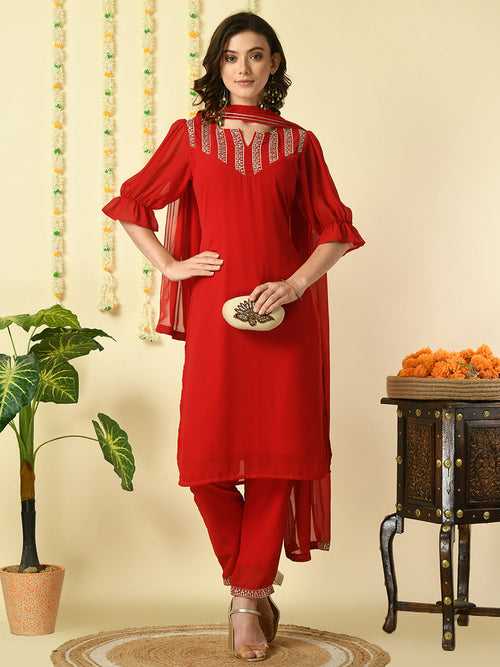Women's Red  Georgette Kurta & Trousers With Dupatta Party Sets - Myshka