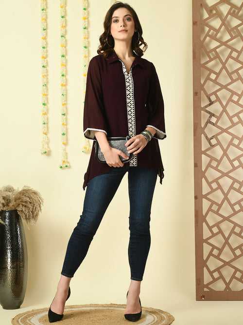 Women's Coffee Brown Embroidered Party  Fusion Top - Myshka