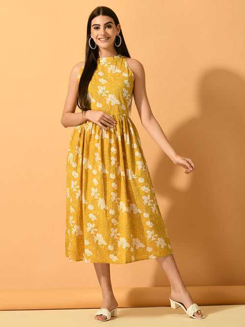 Women's Yellow Fit And Flare  Party  Dress - Myshka