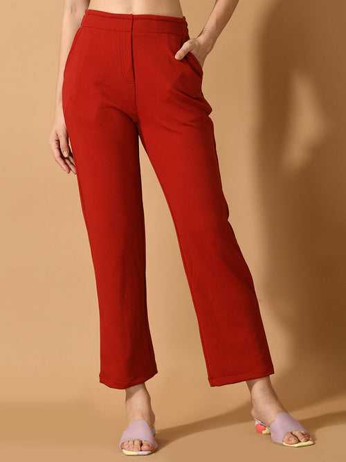 Women's Red  Straight Fit Party  Trouser - Myshka