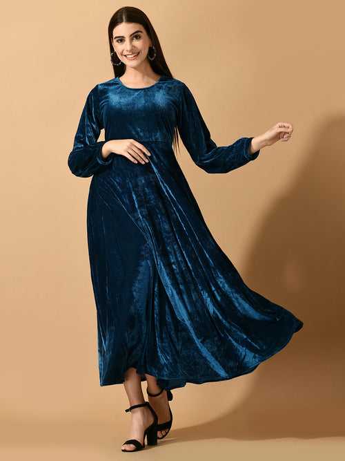 Women's Blue Fit And Flare  Party  Dress - Myshka