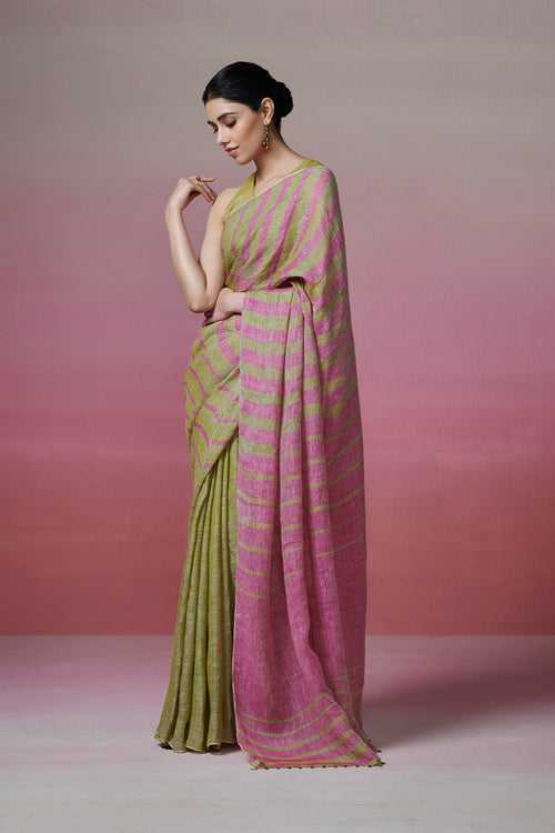 Handloom Lime & Pink Linen Saree