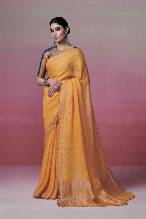 Handloom Mango Yellow Linen Saree