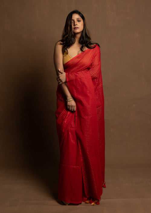 Red Handloom Saree With Zari Stripes