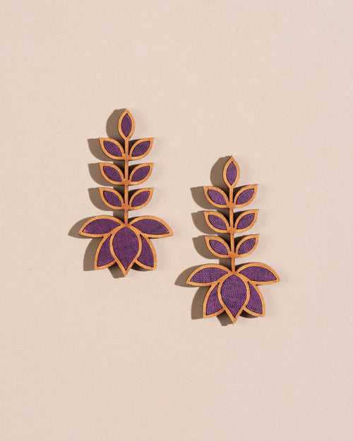 WHE Purple Leaf Motif Upcycled Fabric and Repurposed Wood Earrings