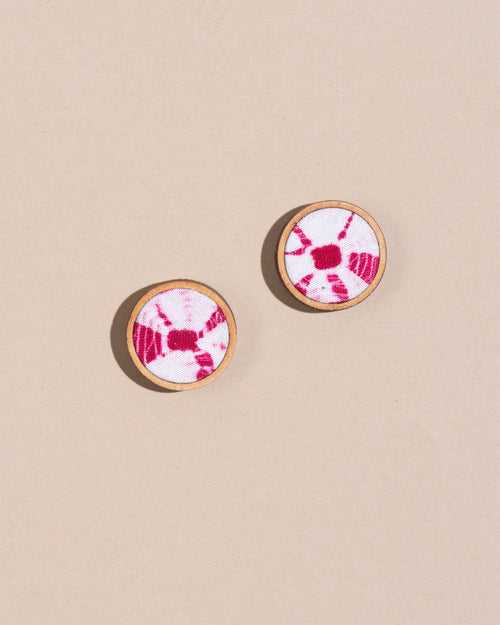 WHE Handmade Pink Tie and Dye Upcycled Fabric and Repurposed Wood Stud Earrings