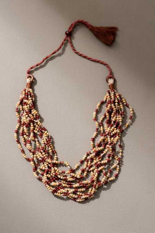 WHE Handmade Multilayer Adjustable Jute, Wooden Beads and Glass Beads Necklace