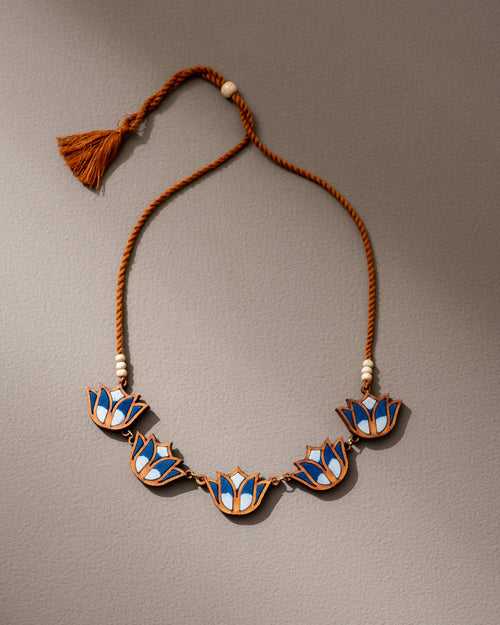 WHE Indigo Bloom Lotus Upcycled Fabric and Repurposed Wood Necklace