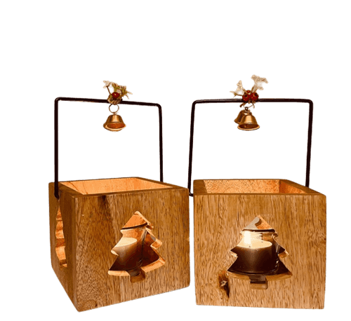 Wooden Christmas Tree T Light Holders / Lanterns- Set Of 2