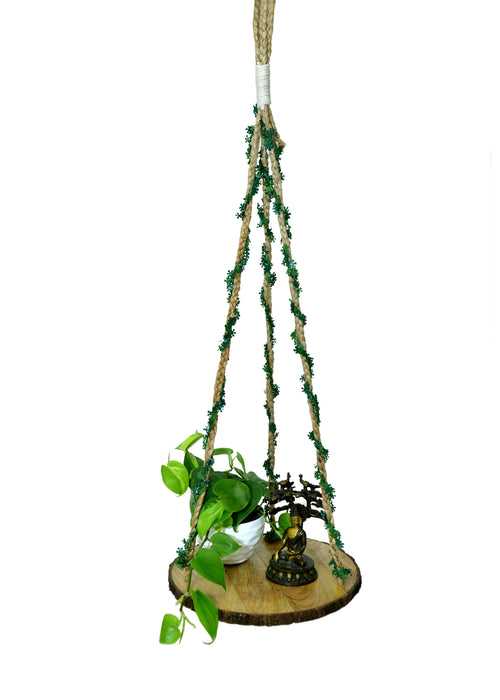 The Weaver's Nest Jute Wall Hanging Shelf with Wooden Base for Indoor, Living Room, Bedroom, Kitchen, Modern Home Décor