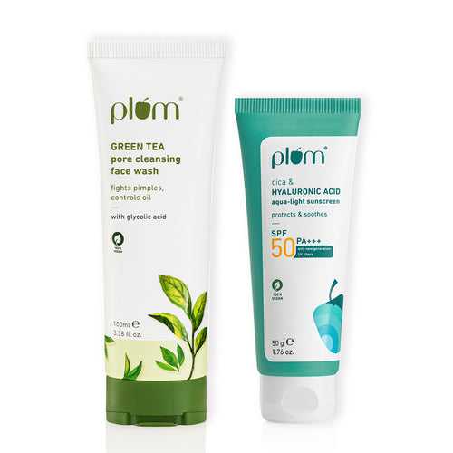Cleanse & Protect Duo For Oily Skin | Green Tea Pore Cleansing Face Wash 100ml, Cica & Hyaluronic Acid SPF 50 PA+++ Sunscreen 50g